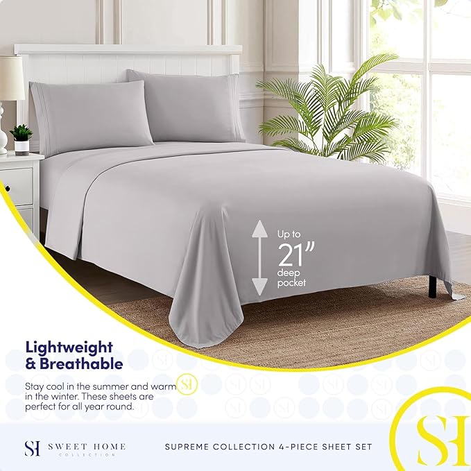 California King Sheet Sets - Breathable Luxury Sheets with Full Elastic & Secure Corner Straps Built In - 1800 Supreme Collection Deep Pocket Bedding, Sheet Set, EXTRA DEEP pocket - Cal King, Silver