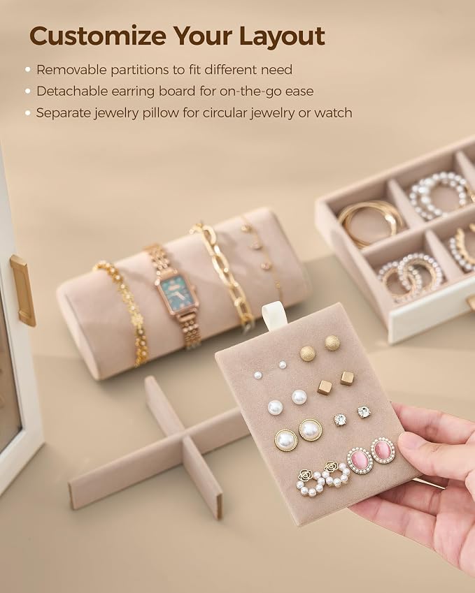 Glimmloop 360° Rotating Jewelry Box with 5 Drawers, Spacious Vertical Jewelry Organizer with Glass Window, Jewelry Storage Case, Dustproof & Moisture-resistant Design, White - Image 6