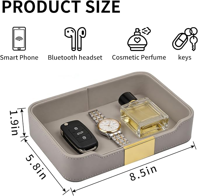 Luxury Leather Valet Tray Desktop Storage Organizer,Bedside Vanity Catchall Tray Nightstand Caddy Holder for Cosmetic,Jewelry,Watch,Keys,Phone,Wallet,Remote Controller,Pen,Gray - Image 3