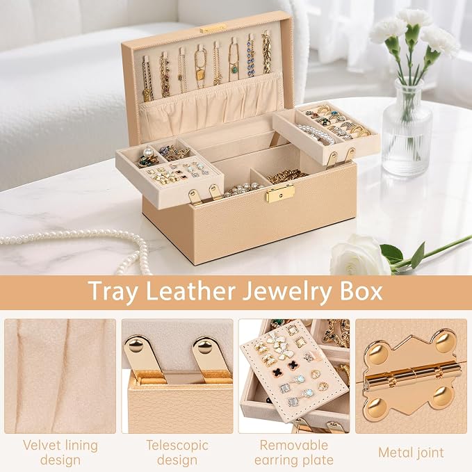 AKOZLIN Travel Jewelry Box Organizer Functional 2-trays Leather Jewelry Storage Case with Lockable Portable for Women Girls Ring Necklace Earring Bracelet Champagne - Image 8