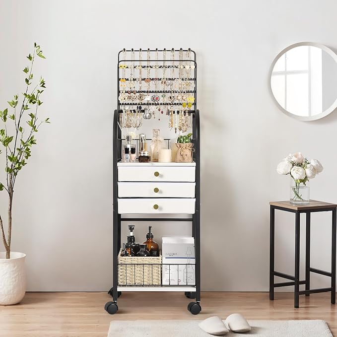 Keebofly Large Jewelry Organizer Stand with 3 Drawers, Floor Display Holder with Necklace, Earring, Bracelet, Ring Storage — Rolling Armoire Tower for Bedroom or Closet (Black) - Image 9