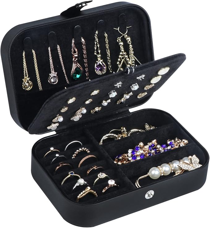 Hatori Travel Jewelry Box, PU Leather Small Jewelry Organizer for Women Girls, Portable Mini Travel Case Display Storage Holder Boxes for Stud Earrings, Rings, Necklaces, Bracelets (Black02) by SAJOMA