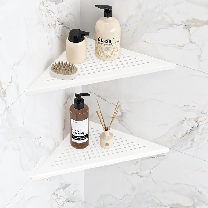 Qeke Corner Shower Shelves, 10” Recessed Tile Shower Shelf Matte White, 304 Stainless Steel Grout in Corner Tile Shower Shelves, No Drilling, 2 Pack by Qeke