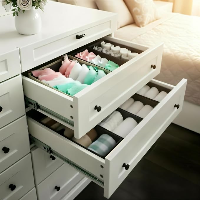 Bructhun Sock Drawer Organizer 3 Pack - Foldable Fabric Storage Bins for Underwear Divider, Small Closet Organizers with 3 Compartments, Light Gray - Image 3