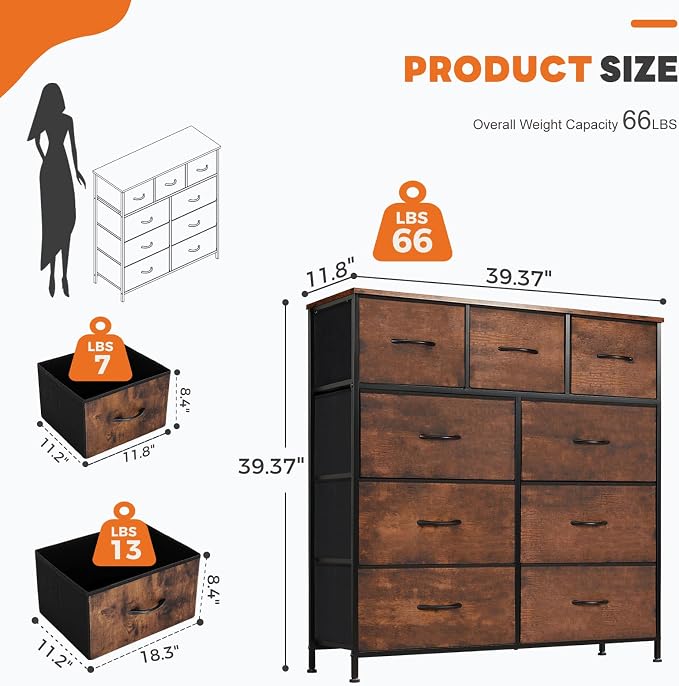 Sweetcrispy 9-Drawer Fabric Dresser Storage Tower with Wood Top and Steel Frame, Organizer Chest with Easy Pull Handles for Bedroom, Closet, Hallway,Distressed Brown - Image 3