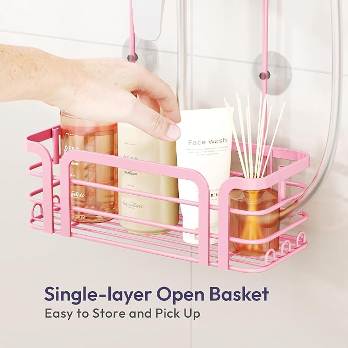 SWTYMIKI Shower Caddy Hanging Organizer - Over the Door Shower Caddy with 6 Hooks, 2 Installation Ways, Stainless Steel Rustproof Bathroom Organizer, Pink Small - Image 5