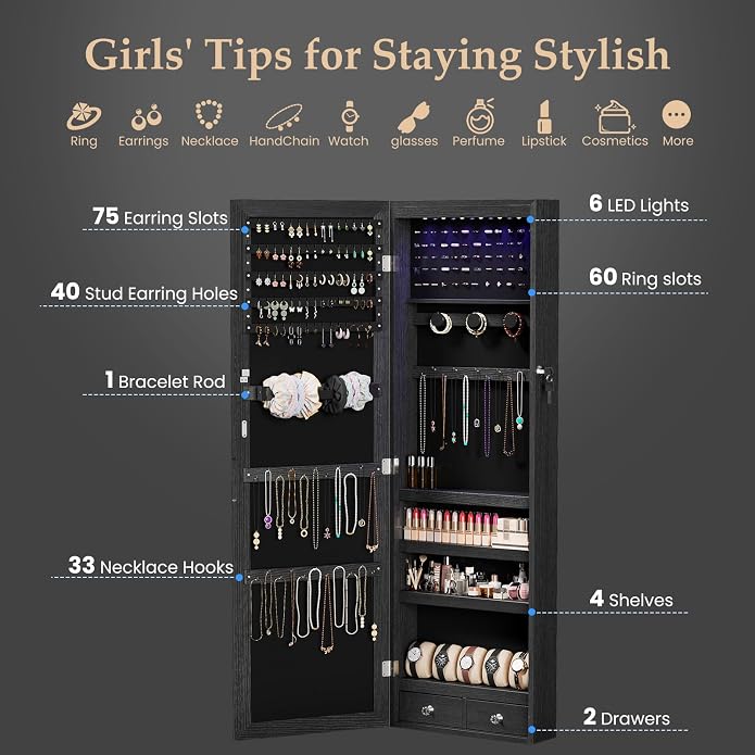 DUMOS 6 LEDs Mirror Jewelry Cabinet, Wall or Door Mounted Jewelry Organizer, 47.2-Inch Tall Lockable Large Capacity Cosmetic Storage, Gift Idea - Image 3