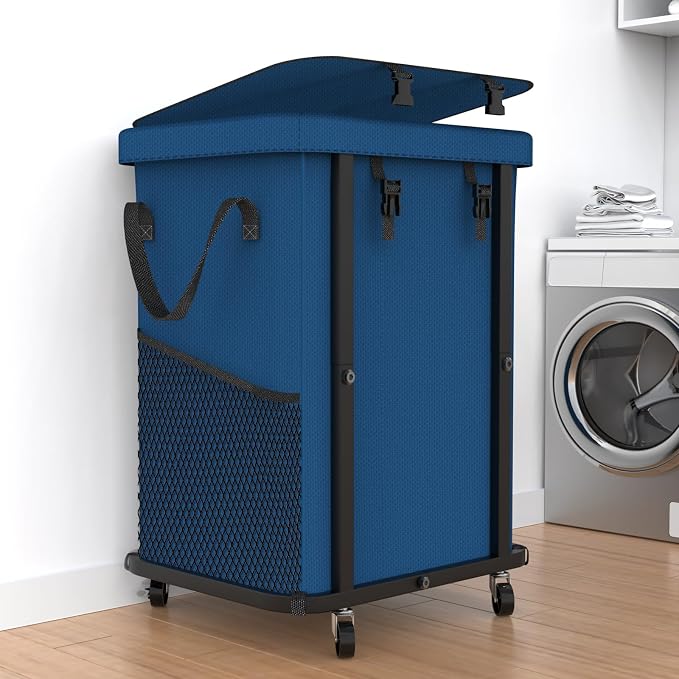 40 Gal(150L) High Grade Large Laundry Basket with Wheels, Rolling Laundry Hamper, Laundry Cart with Metal Frame and Removable Bag Design, Suitable for Laundry Room, Bedroom (Dark Blue, 150L) by Unlockyourhomestoragelife