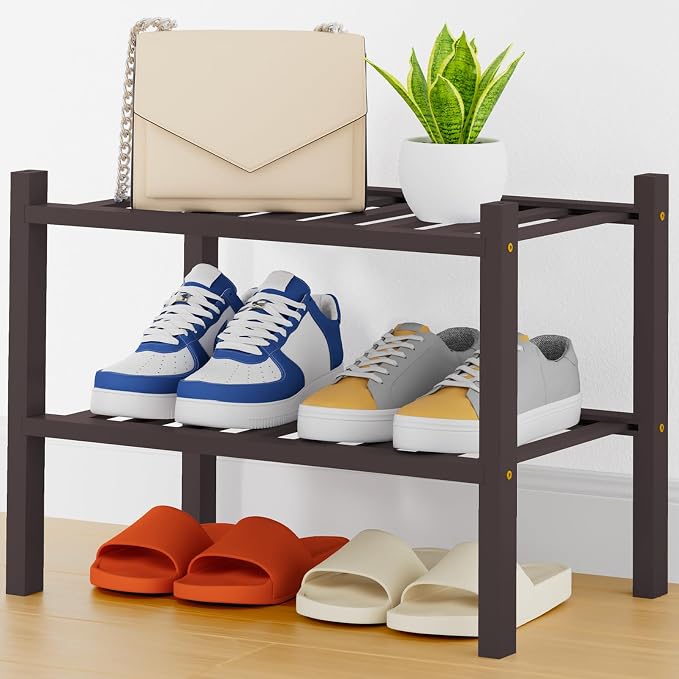 Smiry Shoe Rack, 2 Tier Thick Small Bamboo Shoe Organizer, Stackable Free Standing Wooden Shoe Storage Shelf for Closet, Entryway, Front Door Entrance, Brown by Smiry