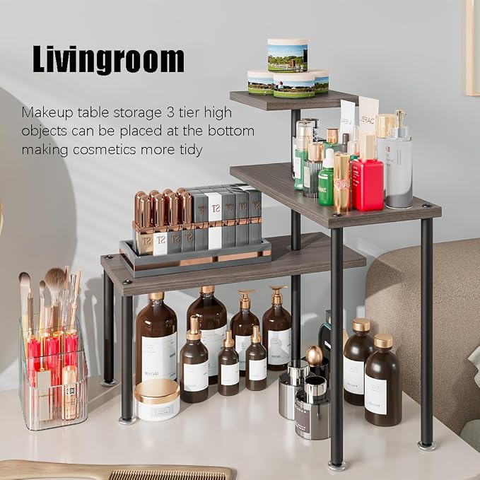 Countertop Organizer Organization 3 Tier Kitchen Corner Shelves Adjustable Spice Storage Rack for Bathroom Coffee Area Over Sink (Dark Gray Oak) - Image 5
