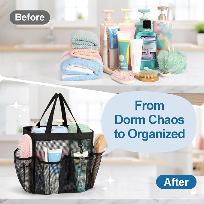 F-color Mesh Shower Caddy Portable with 2 Pack Name Tags, Upgrade Deeper 7 Pockets Shower Bag Tote for College Dorm Room Toiletry Bathroom Essentials Gym Camp Quick Dry 2 handles with S Hook, Black - Image 7