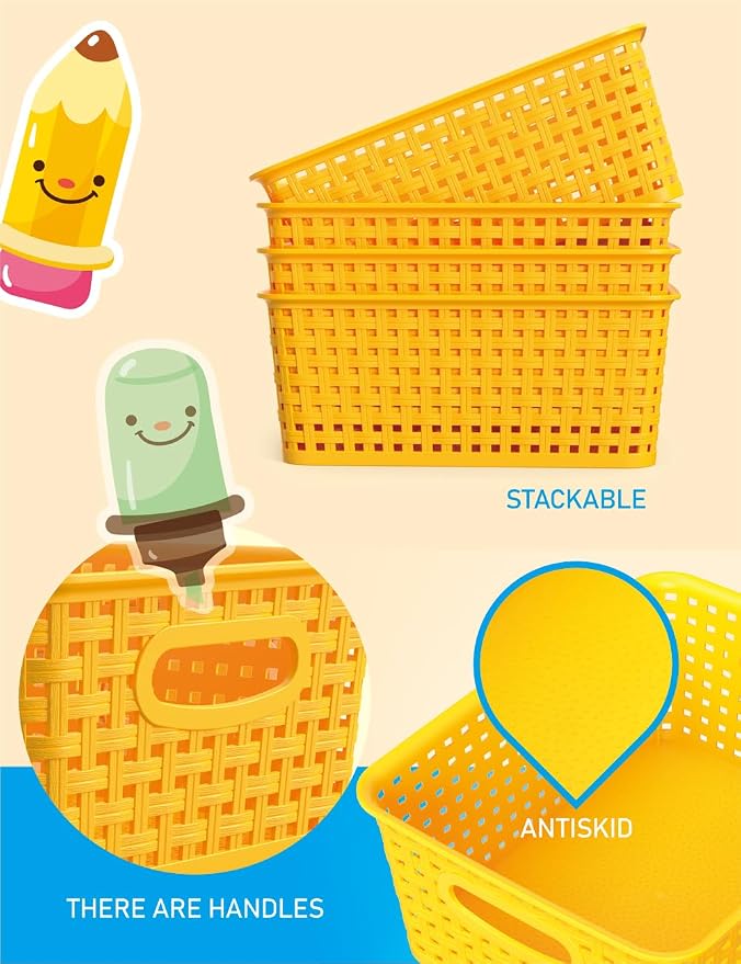 WYT 6-Pack Plastic Small Shelf Storage Weave Baskets Organizing for Cabinets and Pantries, Yellow - Image 3