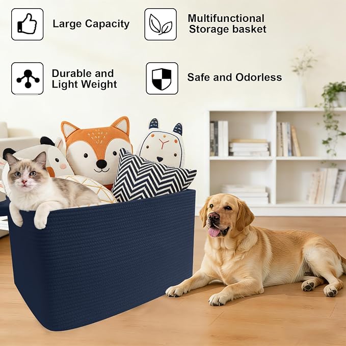 Large Blanket Basket,Woven Rope Basket Storage Bin with Handles,65L Rectangle Laundry Basket for Magazines,Toys,Clothes,Newspaper Shelf Organization,Nursery and Living Room,Navy - Image 8