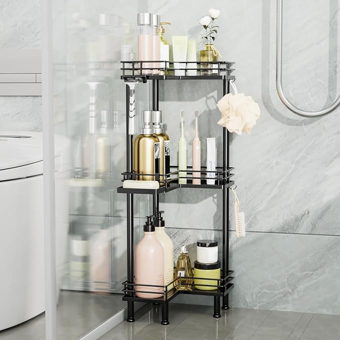 Consumest Corner Shower Caddy Standing - 3-Tier Stainless Steel Shower Organizer with Soap Holder and 4 Hooks, Large Capacity Corner Shelf Stand for Bathroom, Rest Room, Black - Image 6