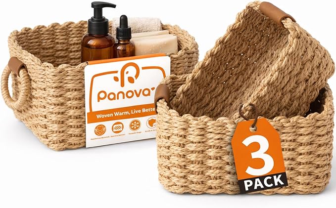 Storage Basket, Recycled Paper Rope Basket Organizer, 3Pcs Small Baskets for Organizing, Mini wicker Basket for Decorative Storage Bins, Shelves, Cabinet - Brown by Panovox