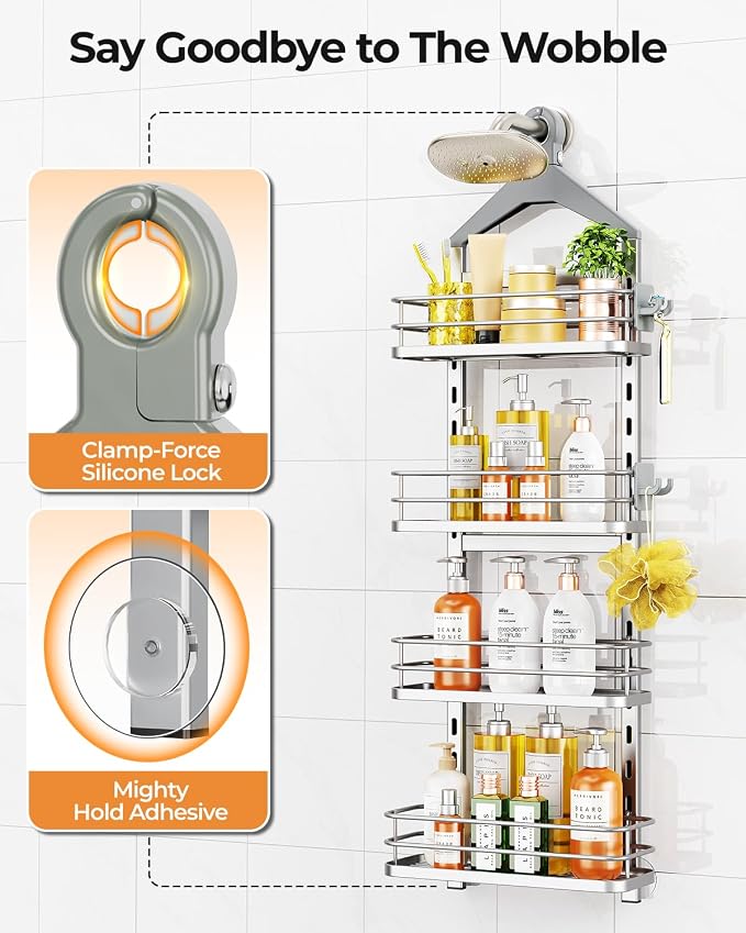 ODesign 4 Tier Height-Adjustable Shower Caddy Hanging Anti-Swing-Over The Shower Head Caddy- Storage Organizer Bathroom Shelves Basket Caddies-Silver - Image 5