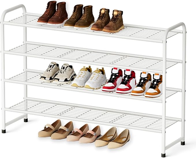 KEETDY 4-Tier Long Shoe Rack for Closet Floor, Wide Shoe Organizer Storage, Stackable Shoe Rack for Entryway Metal Shoe Shelf for 30 Pairs Men Sneakers with Wire Grid for Bedroom, White by KEETDY