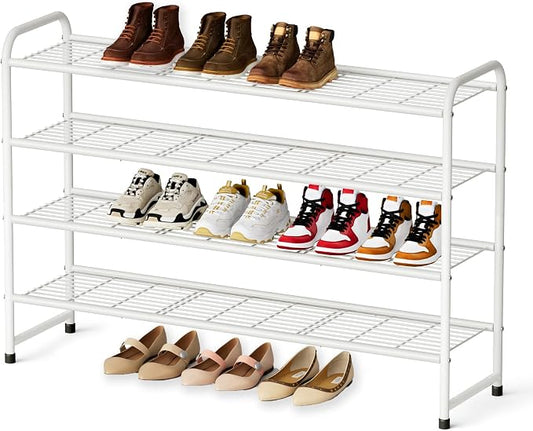 KEETDY 4-Tier Long Shoe Rack for Closet Floor, Wide Shoe Organizer Storage, Stackable Shoe Rack for Entryway Metal Shoe Shelf for 30 Pairs Men Sneakers with Wire Grid for Bedroom, White by KEETDY