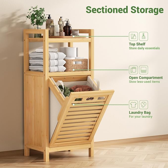 Homykic Tilt Out Laundry Hamper, 10 Gal Bamboo Laundry Storage Cabinet with Removable Basket, Hidden Hamper Organizer with Shelf for Dirty Clothes, Bathroom, Laundry Room, Space Saving, Natural - Image 6