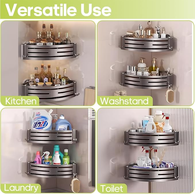 Corner Shower Caddy Suction Cup,Shower Shelves with Hooks,No Drilling Powerful Suction Bathroom Organizers and Storage,Removable Waterproof Rustproof Shower Bathroom Accessories Decor(Grey 1Pack) - Image 6
