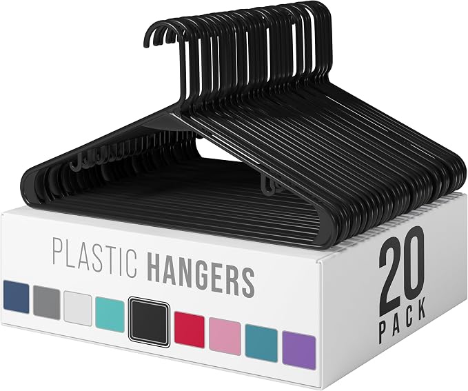 Plastic Hangers 20 Pack Black - Clothes Hangers - Makes The Perfect Coat Hanger and General Space Saving Hangers for Closet and New Apartment Essentials - Percheros Ganchos para Colgar Ropa Hangars by Neaterize