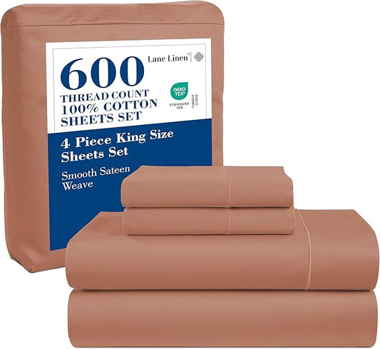 LANE LINEN 100% Cotton Sheets Twin Size - 600 Thread Count Sateen Weave Hotel Quality Luxury for Guest Rooms - 15'' Deep Pocket for Snug Fit to Your Mattress - Terracotta Blush