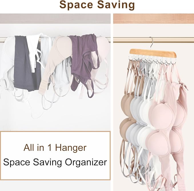Bra Hanger for Closet, Tank Top Organizer 20 Hooks Capacity Foldable Wood Space Saving Hanger Closet Organizers and Storage for Dorm & Apartment for Tank Top, Hats, Scarf etc. - Image 6