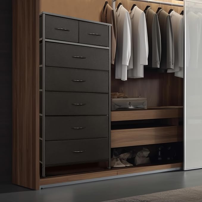 Mifuro Tall Dresser for Bedroom, Vertical Storage Organizer Tower with 7 Drawers, Chest of Drawers with Fabric Bins, Steel Frame, Wood Top for Bedroom, Closet, Entryway- Black - Image 4