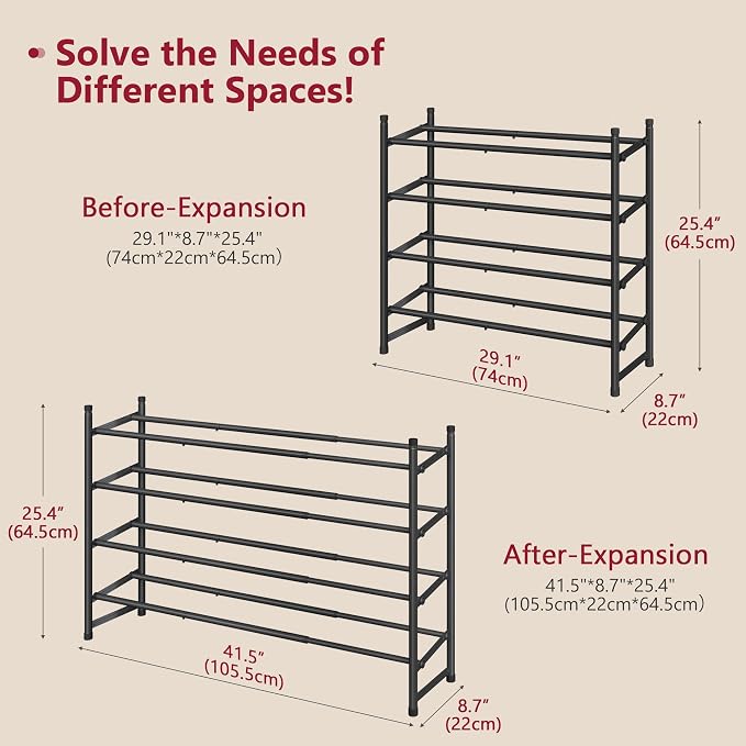 Tajsoon Expandable Shoe Rack for Closet 4 Tier, 29“-41“Adjustable & Stackable Shoe Shelf Storage, Metal Shoe Rack Organizer for Front Door Entrance, Closet, Garage, Entryway, Black - Image 3