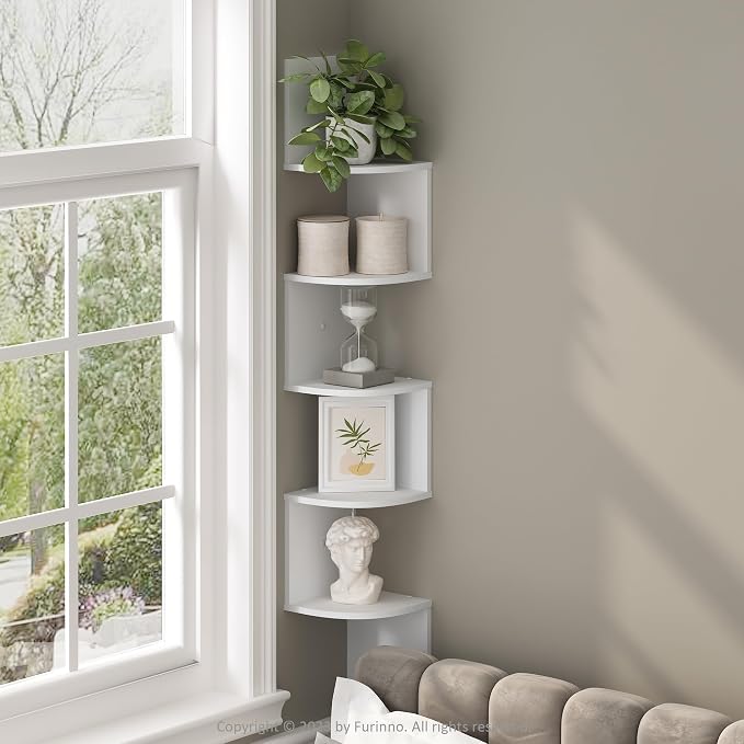 Furinno Rossi 5-Tier Floating Corner Shelf for Wall, Corner Zigzag Shelf Wall Mounted, Radial Wall Mount Shelves, for Home Office, Living Room, Bedroom, Bathroom, White by Furinno-FitsYourSpaceFitsYourBudget