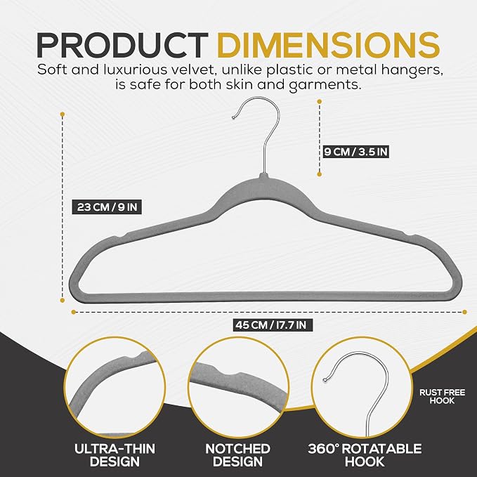 Techzoo Premium Velvet Hangers 50 Pack Ultra Thin Non Slip Adult Felt Space Saving Slim Suit Hanger for Closet Heavy Duty Coat Pants Jackets Dress Hangers 360° Swivel Hook Hold Upto 10 lbs Gray - Image 2