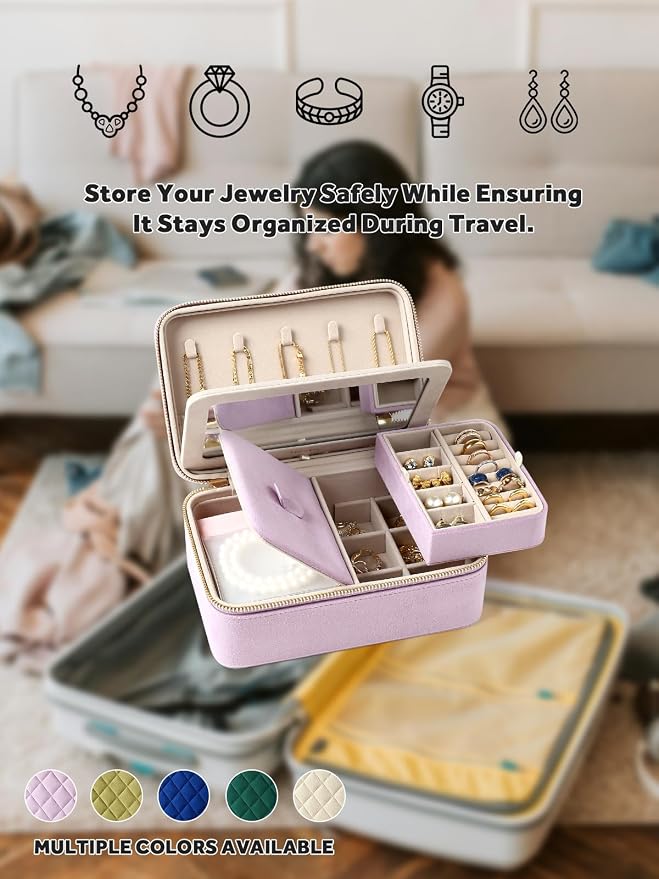 Velvet Travel Jewelry Box with Large Mirror, Double-Layer Jewelry Organizer Case for Women and Girls, Portable Storage Case with 6 Anti-Tarnish Bags Gift Ready for Her (Lavender) - Image 8