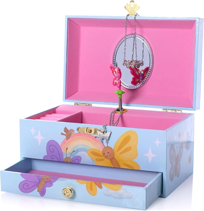 The Memory Building Co Butterfly Musical Jewelry Box Plays Classic Melody, Storage Organizer Music Box for Kids Ages 6-12, MDF Wood w/ 2 Fabric Lined Ring Bracelet Necklace Treasure Compartments by TheMemoryBuildingCompany