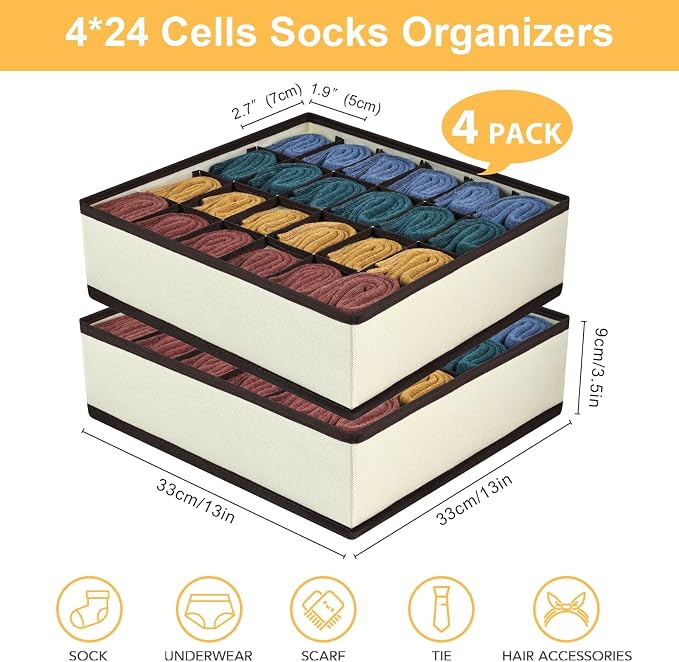 Joyoldelf Sock Drawer Organizer Divider Underwear Organizer 24-cell Fabric Dresser Drawer Organizers Storage Boxes for Socks Lingerie, Handkerchiefs, Ties 4 Pack (Beige) - Image 5