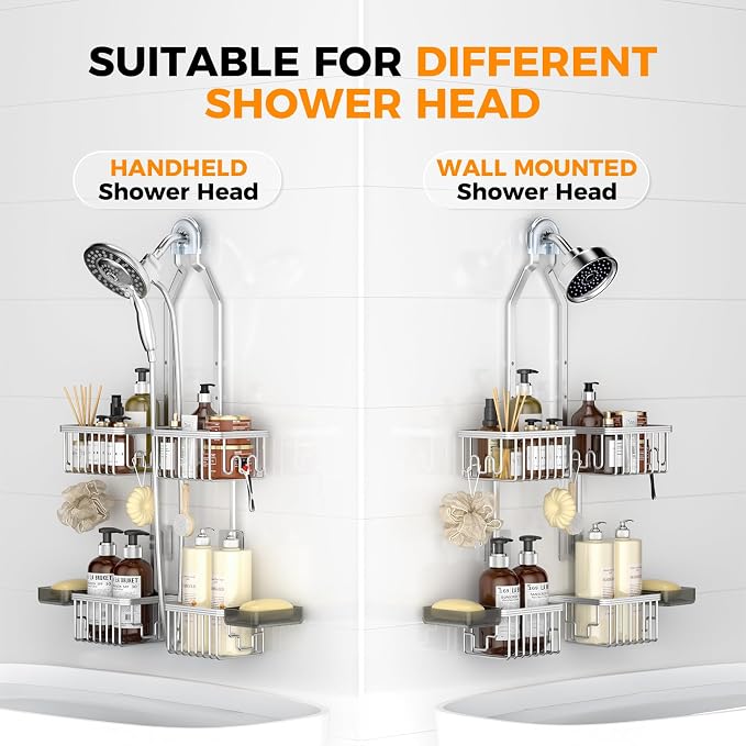 REINHARDT Aluminum Shower Caddy Hanging Adjustable Shower Caddy, Rustproof Hanging Shower Organizer with Hooks Soap Holders, Over Shower Head Caddy for Handheld Showerhead, Silver - Image 6