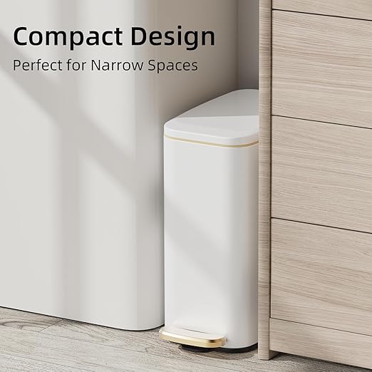 KUK Slim Bathroom Trash Can with Lid, 1.6 Gal / 6L Stainless Steel Small Garbage Bin with Detachable Inner Bucket, Step Pedal, Silent Close, Wastebasket for Toilet, Bedroom, Home, Office (White) - Image 3