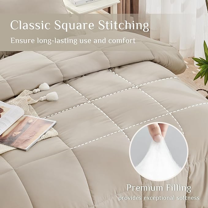 JOLLYVOGUE Twin XL Comforter Set, Ultra-Soft Bed in a Bag Twin XL Size 5 Pieces, Oeko-TEX Certified Bedding Set with Down Alternative Comforter, Sheets, Pillowcases & Shams, Oatmeal