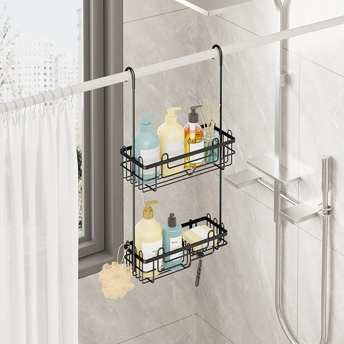Consumest Over the Door Shower Caddy - 2-Tier Hanging Shower Organizer with Soap Holder, Rustproof Bathroom Storage and Organizer Rack for Shampoo, Towels, and Toiletries, Black - Image 2