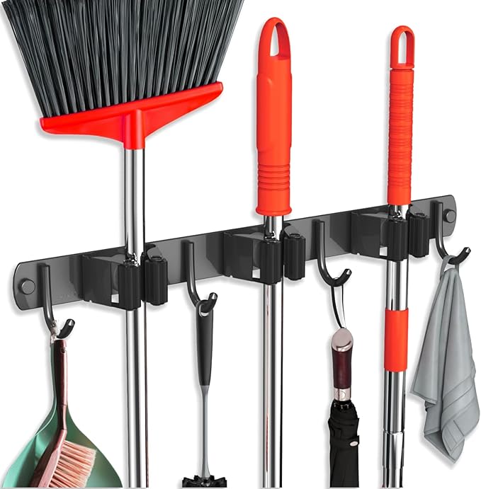 Mop and Broom Holder Wall Mount, Upgraded Broom Hanger Wall Mount, Stainless Steel Broom Organizer for Closet Garage Laundry Room Kitchen Wall Decor(3Racks 4Hooks Black) by FODARSAI