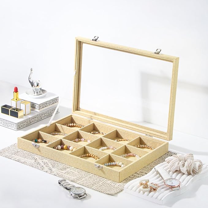Coward Jewelry Organizer Box, Yellow Linen 12 Grids Bracelet Bangle Necklace Jewelry Display Tray Case with Transparent Glass Lid for Home Drawer Desk or Store Selling Show - Image 3