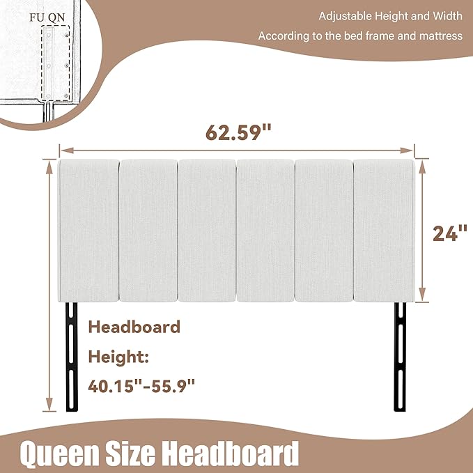 Yongchuang Upholstered Queen Headboard Only, Modern Linen Head Board for Queen Size Bed Adjustable Height Headboards Grayish White