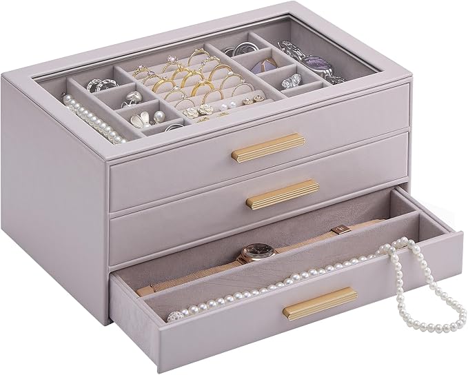 Lolalet Jewelry Box Organizer, 3-Layer Jewelry Organizers and Storage Case with Glass Lid, Ring Earring Bracelet Necklace Holder Organizer, Birthday Valentine Gifts for Women Girls -3Layer, HazePurple by Lolalet