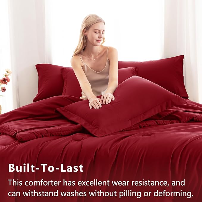 CozyLux Queen Comforter Set Dark Red, 7 Pieces Bed in a Bag Queen Comforter Set with Sheets, Luxury Soft Bedding Sets with Down Alternative Comforter, Fitted Sheet, Flat Sheet, Pillowcases & Shams