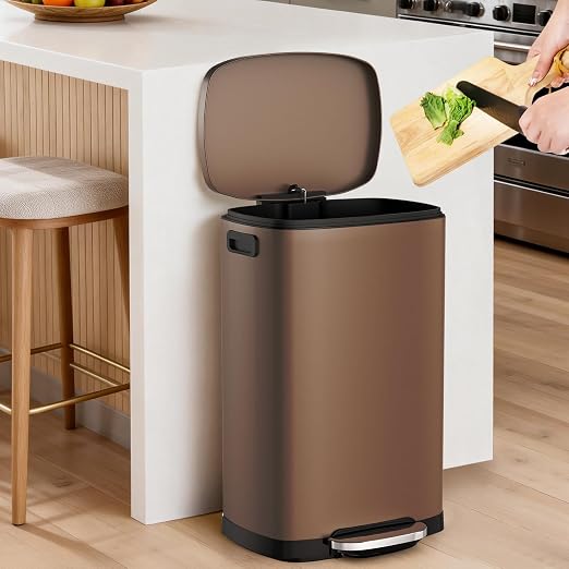 ELPHECO LPHECO Kitchen Trash Can with Lid Soft Close, 13 Gallon / 50L Stainless Steel Pedal Garbage Can, Heavy-Duty Step Wastebasket with 20 Bags, Removable Bucket, Home Office, Kitchen, Brown - Image 7