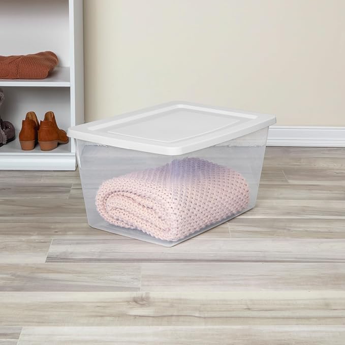 Sterilite 6 Pack Storage Boxes, Clear Plastic Stackable Containers, Lightweight Home Organizers with Snap Lids, 58 Quart, White - Image 3