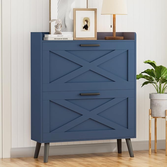 Homleke 32" W Farmhouse Shoe Storage Cabinet with 2 Flip Drawers and Barn Door Design, Adjustable Shelves, Modern Hidden Slim Narrow Shoe Rack Cabinet for Entryway, Foyer, Hallway, Living Room, Blue by Homleke