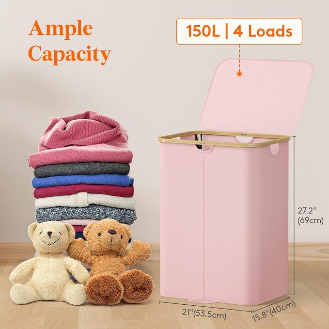 Lifewit 150L Double Laundry Hamper with Lid, Large Laundry Basket with Removable Bag & Bamboo Handles, Fodable Tall Dirty Clothes Hamper for Laundry Collapsible Bin for Bathroom Bedroom Dorm, Pink - Image 2
