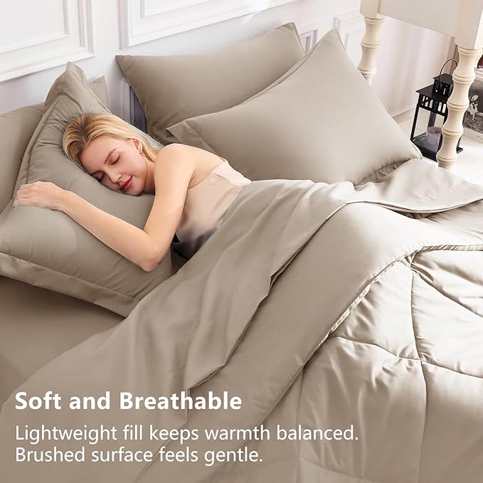 CozyLux King Size Comforter Set Khaki - 7 Pieces Bed in a Bag King, Luxury Soft Bed Set for All Seasons, Bedding Set with Down Alternative Comforter, Sheets, Pillowcases & Shams