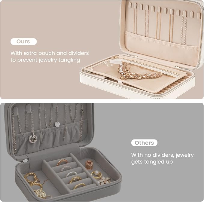 Lolalet Travel Jewelry Case for Women Girls, Travel Jewelry Organizer Box with Mirror & Clear Storage Bag, Small Portable Earring Necklace Bracelet Ring Case, Birthday Valentine Gifts -Large, White - Image 3