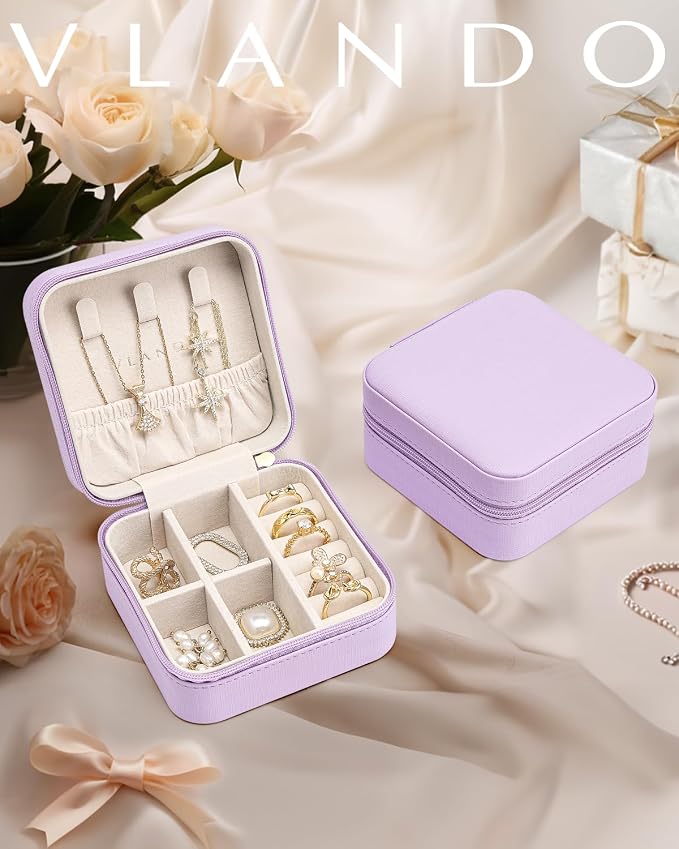 VLANDO Small Travel Jewelry Box Organizer - Girls Women Gift Rings Earrings Necklaces Jewelry Storage Display Case Purple - Image 6